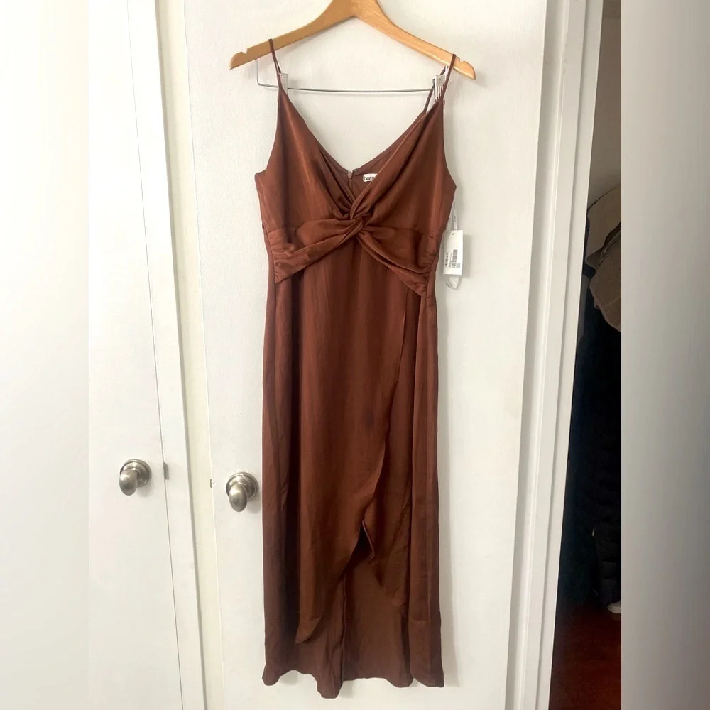 Bar III Formal Rich Copper Brown Twist Front midi Dress​, woman’s midi dress​